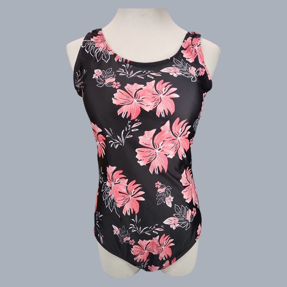 Women's Swimsuit Size L Black Pink Tropical Floral Athletic One Piece Padded